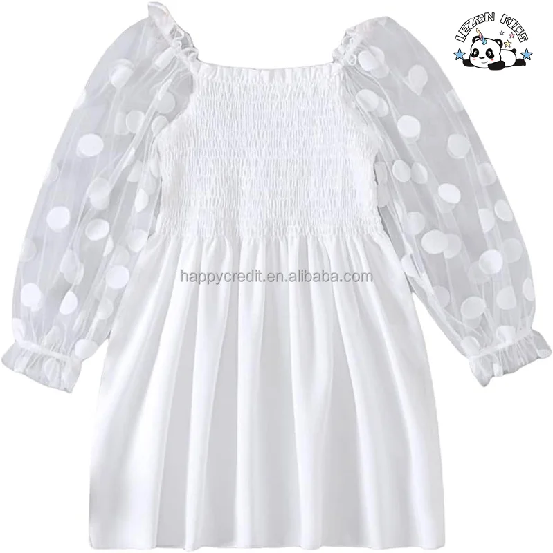 LEZONKIDS - Vestido de algodão puffy de renda com manga de malha pontilhada personalizada para meninas no verão, malha para 6 anos